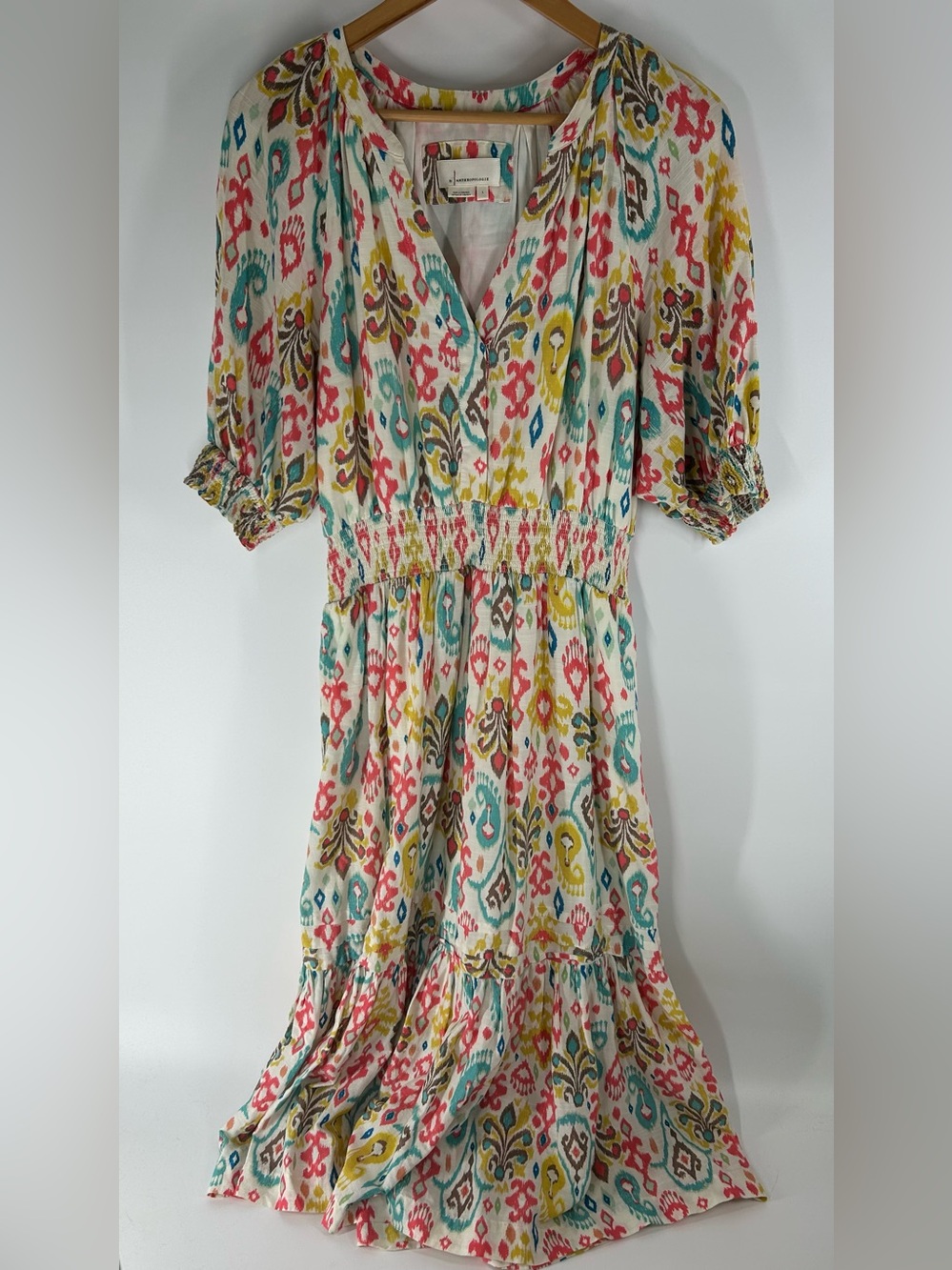 Anthropologie Cream Midi Dress with Multicolor Ikat Print